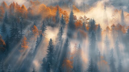 Wall Mural - A forest with trees covered in mist and fog. The trees are tall and spread out, creating a serene and peaceful atmosphere. The mist and fog add a sense of mystery and tranquility to the scene