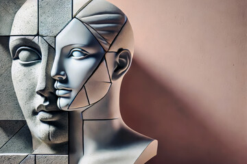 Wall Mural - A modern art sculpture featuring a fragmented human face made of geometric shapes, displayed in an art gallery to explore themes of identity and complexity in human emotions.