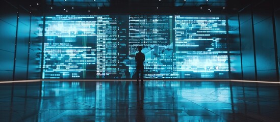 Silhouette of a Hacker Facing a Wall of Code