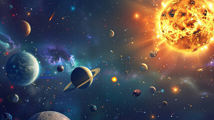 Wall Mural - solar system planets in deep space. solar system planet, comet, sun and star. realistic solar system