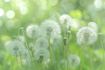 Wall Mural - A field of dandelions with a blurry background. The dandelions are white and scattered throughout the field