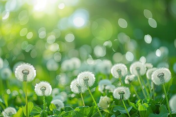 Wall Mural - a field of dandelions with a bright green background. the dandelions are scattered throughout the fi
