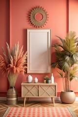 Sticker - Beautiful vanity setup with dried flowers and a circular mirror.