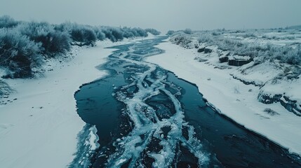 Wall Mural - a frozen river with a blue color. the water is frozen and the river is not flowing. the sky is cloud