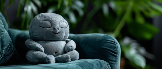 Poster -  A plush toy sits atop a blue sofa, adjacent to a potted plant on a wooden table