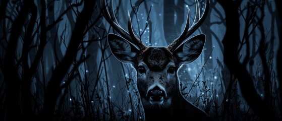 Wall Mural -  A deer, situated in the heart of a forest, stands still under the cover of night Its antlers glint with the radiance of an nearby light