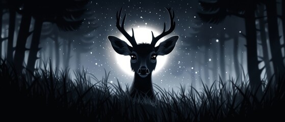 Wall Mural -  A black-and-white image of a deer in the forest at night Moon glows behind, in the night sky