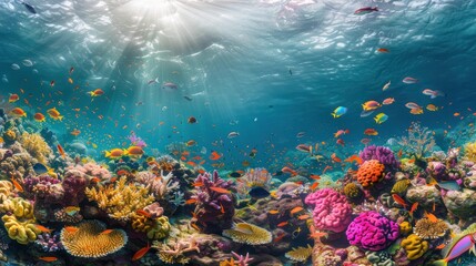 Wall Mural - Thriving coral reef teeming with colorful fish and marine life in crystal clear water