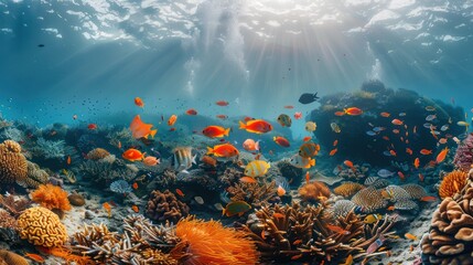 Wall Mural - Thriving coral reef teeming with colorful fish and marine life in crystal clear water