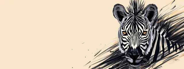 Wall Mural -  A tight shot of a zebra's face against a beige backdrop, its black and white stripes starkly contrasting