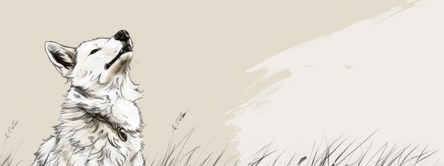 Wall Mural -  A dog depicted in a field of tall grass, gazing up at the sky with an open mouth