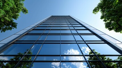 Low angle view of a modern glass skyscraper with blue sky and clouds reflecting in the windows.