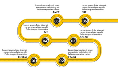 6 steps process progress or timeline, road infografic vector template