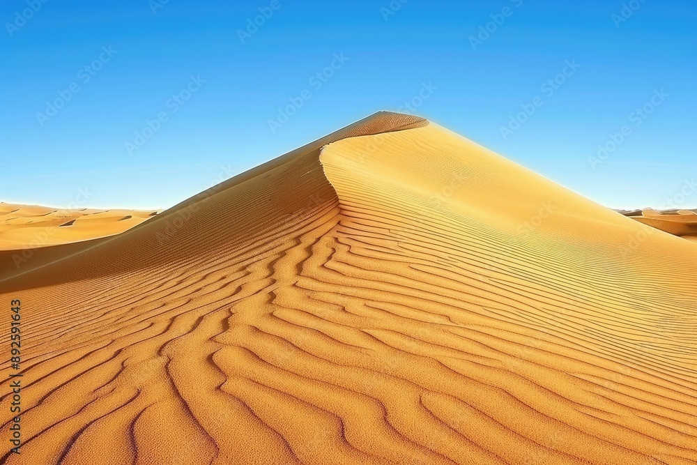 Golden sand dune under a clear blue sky in a vast desert, showcasing ...