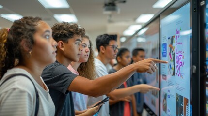 Wall Mural - Demonstrating the integration of technology into education and learning, featuring a group of students utilizing tablets to interact with an interactive whiteboard