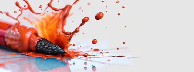 Wall Mural -  A tight shot of a paintbrush, brimming with red and orange paint, as droplets elegantly cascade from its tip