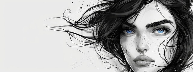 Canvas Print - blue eyes, long black hair; face adorned with water splashes