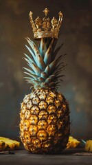 A pineapple wearing a crown feeling proud and rega 372 pineapple, fruit, food, isolated, tropical, sweet, fresh, white, healthy, ripe, juicy, green, diet, ananas, yellow, object, dessert, raw, exotic,