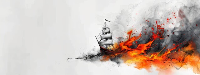 Poster -  A painting of a boat engulfed in flames Smoke billows from both the top and bottom