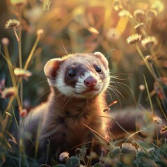 Wall Mural - A playful ferret frolicking in the grass  385 raccoon, animal, mammal, wildlife, ferret, nature, wild, fur, racoon, animals, polecat, cute, mask, sitting, isolated, baby, white background, brown, pet,