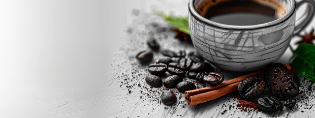 Sticker -  A cup of coffee atop beans, nearby beans and cinnamon, a green leaf present