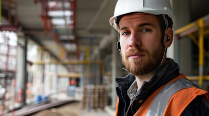 Male portrait of a construction worker at a building site, wearing a hard hat.