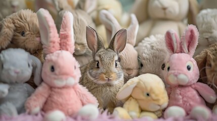 Wall Mural - little baby rabbit is hiding among the rabbit plush dolls