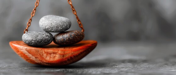 Sticker -  A wooden bowl holds three rocks Another bowl sits inverted atop the first, and a chain hangs from the front of the upper bowl