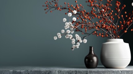  Two vases atop a table, one holding red and white blooms