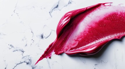 Poster -  A tight shot of a scarlet fluid against a pristine white background, topped with a solitary water droplet