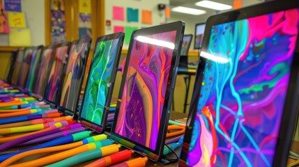 Wall Mural - Creative Collaboration in Art Class with Tablets and Vibrant Digital Art