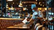 © Dara - Restaurant worker cleaning and sanitizing the dining area.