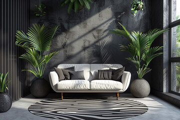 Wall Mural - A living room with a white sofa with black cushions, surrounded by large potted green plants, a zebra-striped rug, and a dark textured wall.