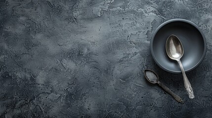 Canvas Print - Spoon and empty bowl from above on dark cement surface