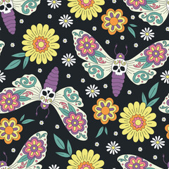 Sticker - Mexican folk night butterfly vector seamless pattern. Day of the dead background