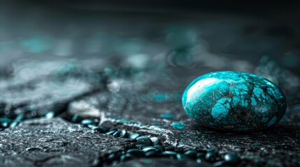 Wall Mural -  A blue marble sits atop a table, nearby is a mound of green and white rocks and pebbles