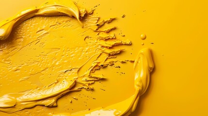 Wall Mural -  A tight shot of yellow paint, adorned with water droplets atop, and brushes beneath