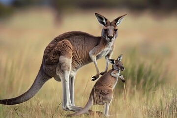 Wall Mural - A mother kangaroo carrying her joey in her pouch a 346 kangaroo, animal, australia, mammal, marsupial, wildlife, nature, wallaby, australian, wild, joey, zoo, fur, deer, baby, pouch, grass, tail, faun