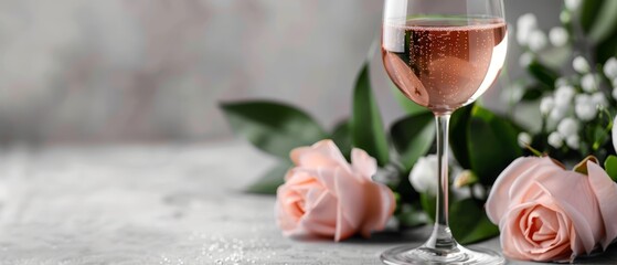 Poster -  A glass of wine sits beside a bouquet of pink roses and baby's breath flowers