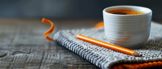 Wall Mural -  A cup of coffee rests atop a cloth Nearby, two orange pencils are aligned on a wooden table