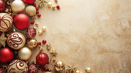 Poster - Christmas ornament arrangement on a beige background with copy space