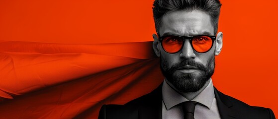 Canvas Print -  A man in a suit, tie, and sunglasses holds a red scarf billowing before him