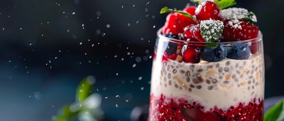 Poster -  A dessert topped with strawberries, blueberries, raspberries, and dusted with powdered sugar