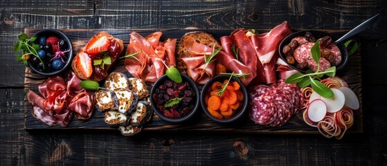 Poster -  A cutting board holds an assortment of meats and veggies, accompanied by a knife and a fruit bowl