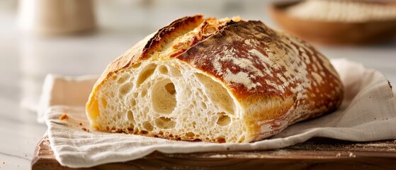 Poster -  A loaf of bread on a paper-covered cutting board on a table