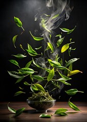 Poster - Green tea leaves gracefully floating around a steaming cup.