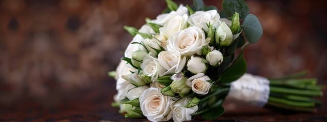 Sticker -  A wooden table holds a bridal bouquet of white roses and lush greenery against a brown wall background