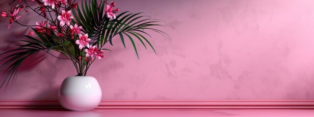 Canvas Print -  A white vase holds pink blooms atop a pink floor Nearby, a pink wall houses a plant