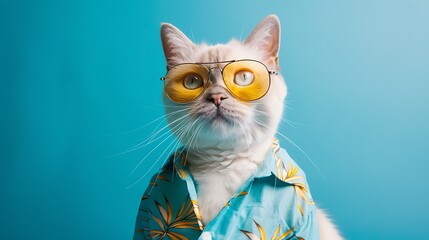 Wall Mural - Portrait of cute white british cat in a blue summer shirt and yellow glasses sitting on a blue background