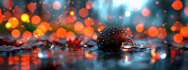 Sticker -  A wet umbrella sits atop a puddle, beside a forest aglow with red and orange lights